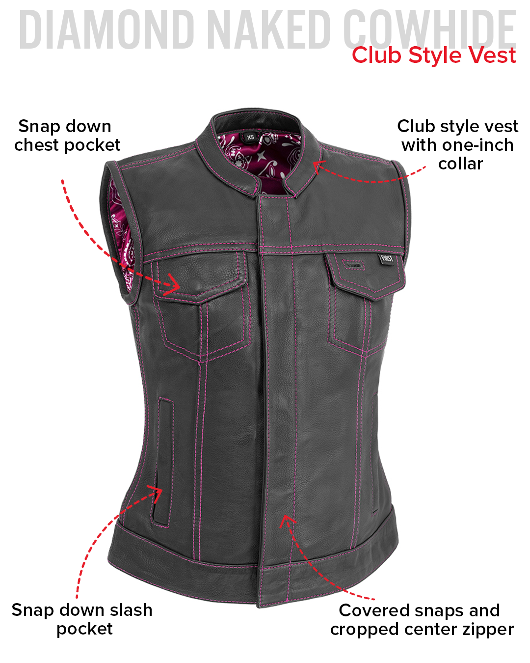 Jessica Women's Motorcycle Leather Vest - Pink - Limited Edition