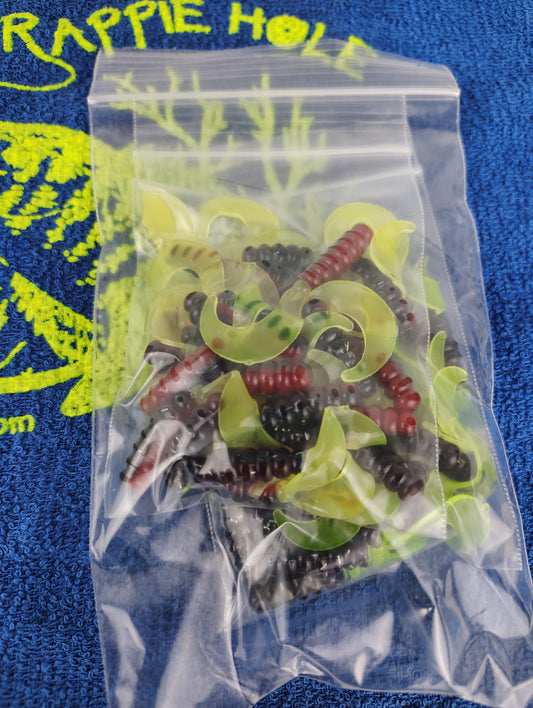 Cam's 2"(HOLOGRAM FLAKE) RED BLACK & CHARTREUSE/BLACK & CHARTREUSE 100pc (SPLIT SET) Curly Tail Crappie Soft Jigs [A Cam's Exclusive