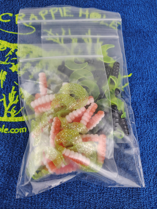 Cam's 2"(HOLOGRAM FLAKE) ORANGE CRUSH/BLACK & CHARTREUSE 100pc (SPLIT SET) Curly Tail Crappie Soft Jigs [A Cam's Exclusive