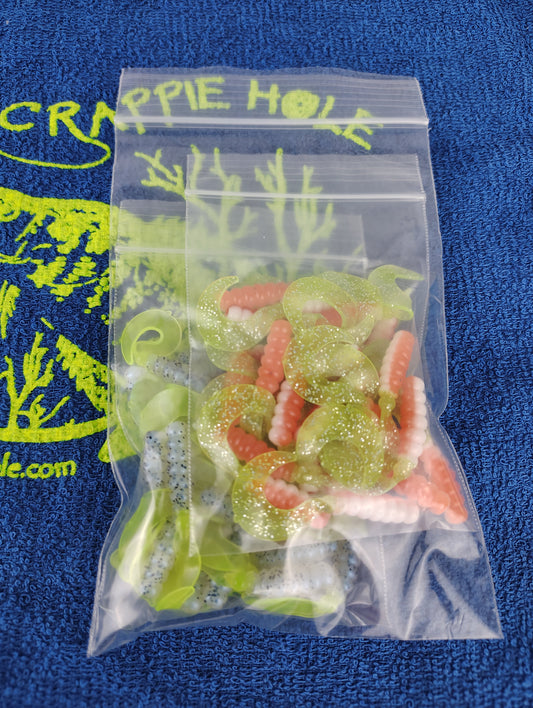 Cam's 2"(HOLOGRAM FLAKE) ORANGE CRUSH/MONKEY MILK & CHARTREUSE 100pc (SPLIT SET) Curly Tail Crappie Soft Jigs [A Cam's Exclusive