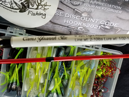 Cam's 9ft. 2pc. Yaannk Stik + 7 (BB) Cam's Xtralite Reel + Plastics and Hooks Kit