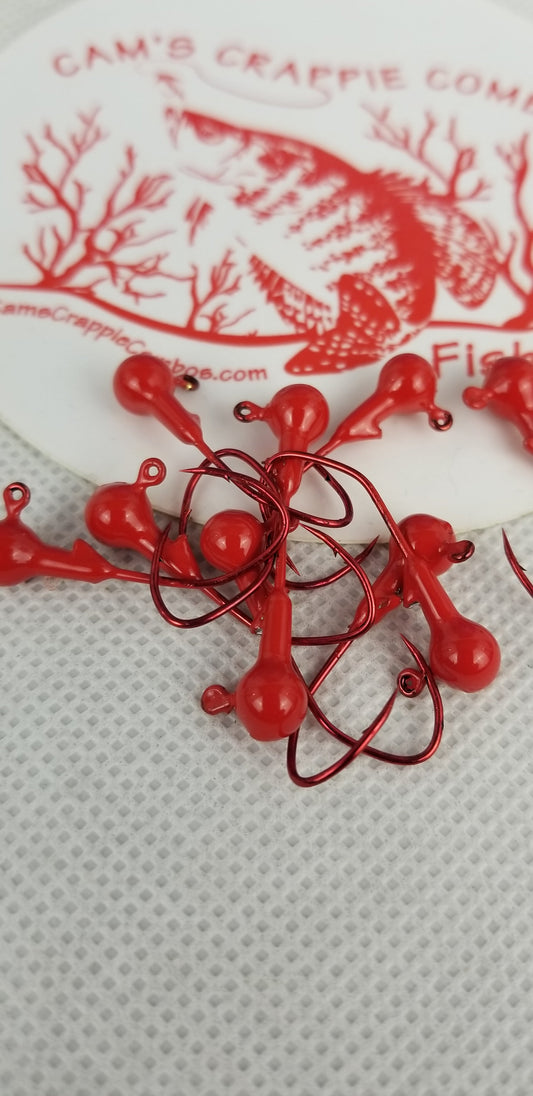 35 pk. 1/32 oz. Cam's "CANDY RED" Painted jigs with Collar and #2 Red Chrome "NASTY BEND HOOK"