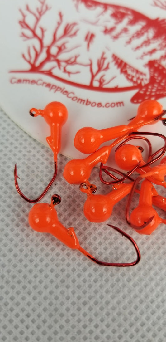 35 pk. 1/32 oz. Cam's "ORANGE" Painted jigs with Collar and #2 Red Chrome "NASTY BEND HOOK"