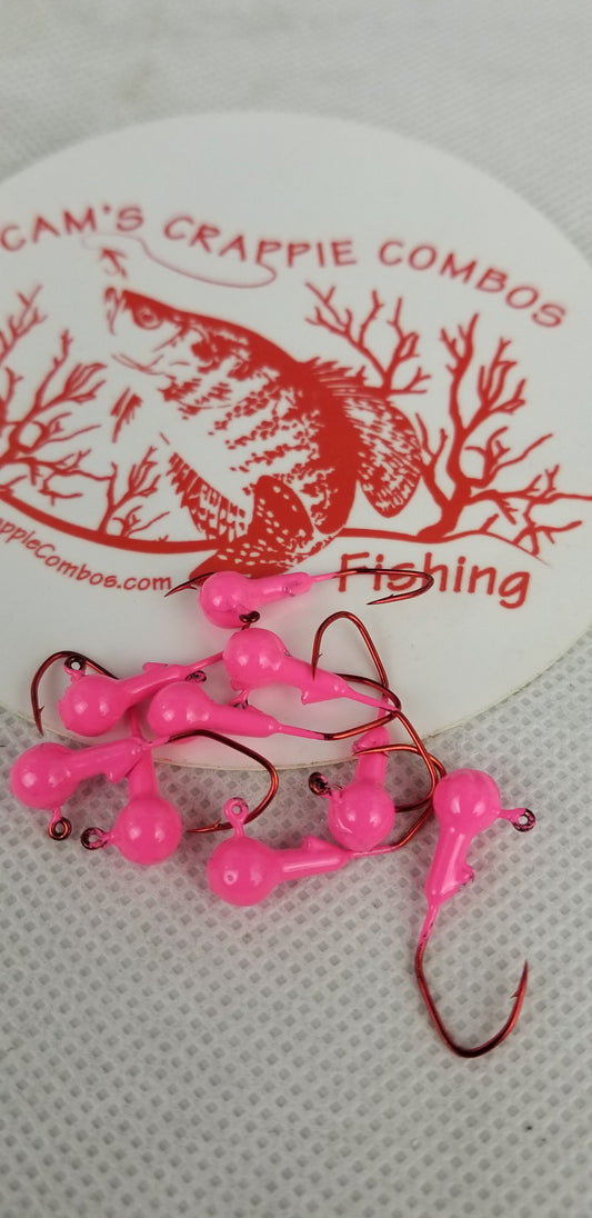35 pk. 1/32 oz. Cam's "PINK" Painted jigs with Collar and #2 Red Chrome "NASTY BEND HOOK"