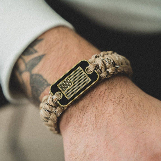The Hero Company- Desert Camo Paracord Bronze Flag Bracelet - Helps Pair Veterans With A Service Dog Or Shelter Dog