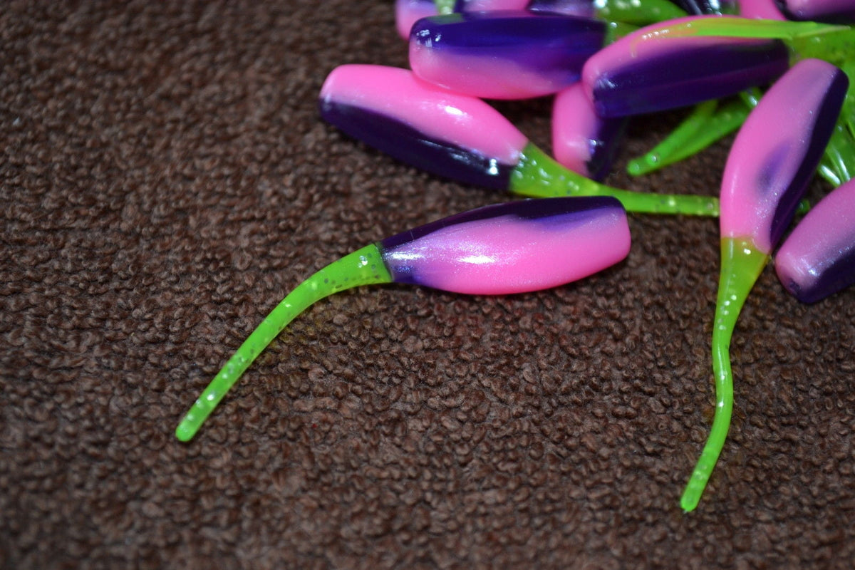 Cam's 2" Stinger Shad 35pc Pink Purple & Chartreuse Tail Grubs Crappie Soft Jigs