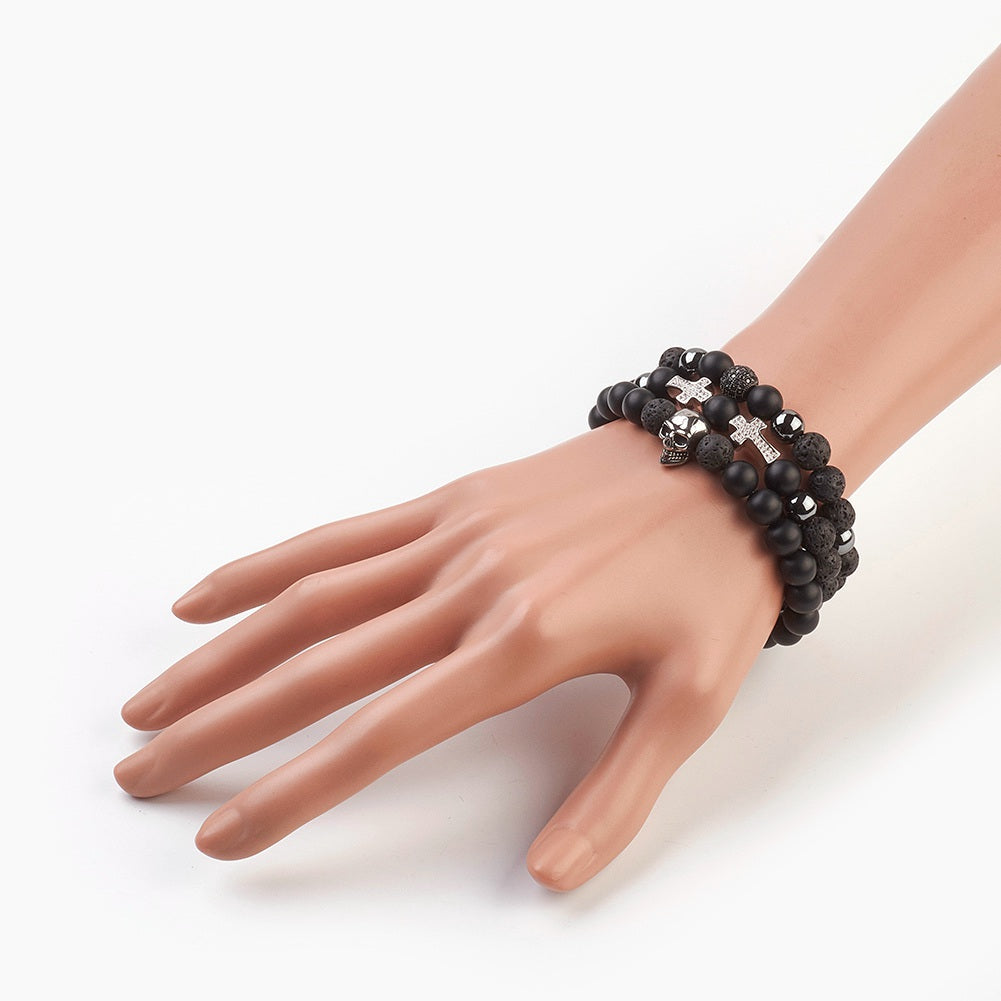 3 Bracelet Set! Skull, Cross & More - Lava Rock Beads Bracelets