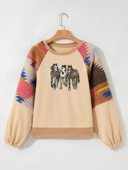 Sequined Western Horses Bubble Sleeve Sweatshirt