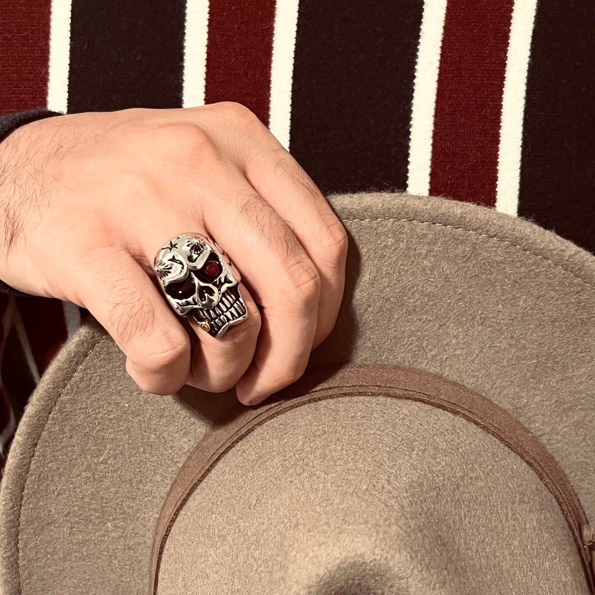 Stainless Steel Devil Skull & Red CZ Eye Smoking 18K Gold PVD Coated Cigar Ring