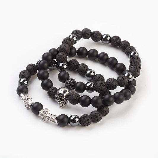 3 Bracelet Set! Skull, Cross & More - Lava Rock Beads Bracelets