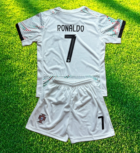 Ronaldo Portugal 2025 Away White Kids Soccer Jersey Kit 2 Piece Set