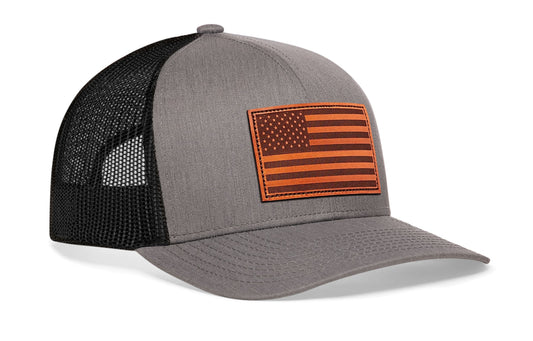 American Flag Trucker Hat Leather | Gray-Black USA Snapback