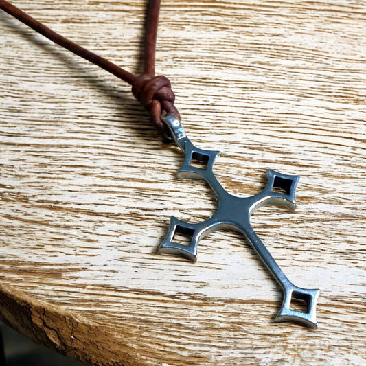 Gothic Medieval Cross Necklace - Sterling Silver on Leather Cord