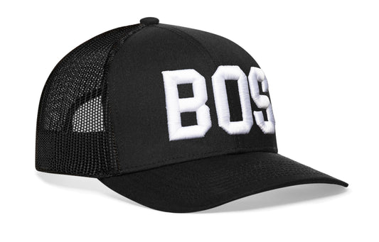 Boston White Block Trucker Hat | Black Massachusetts Snapback