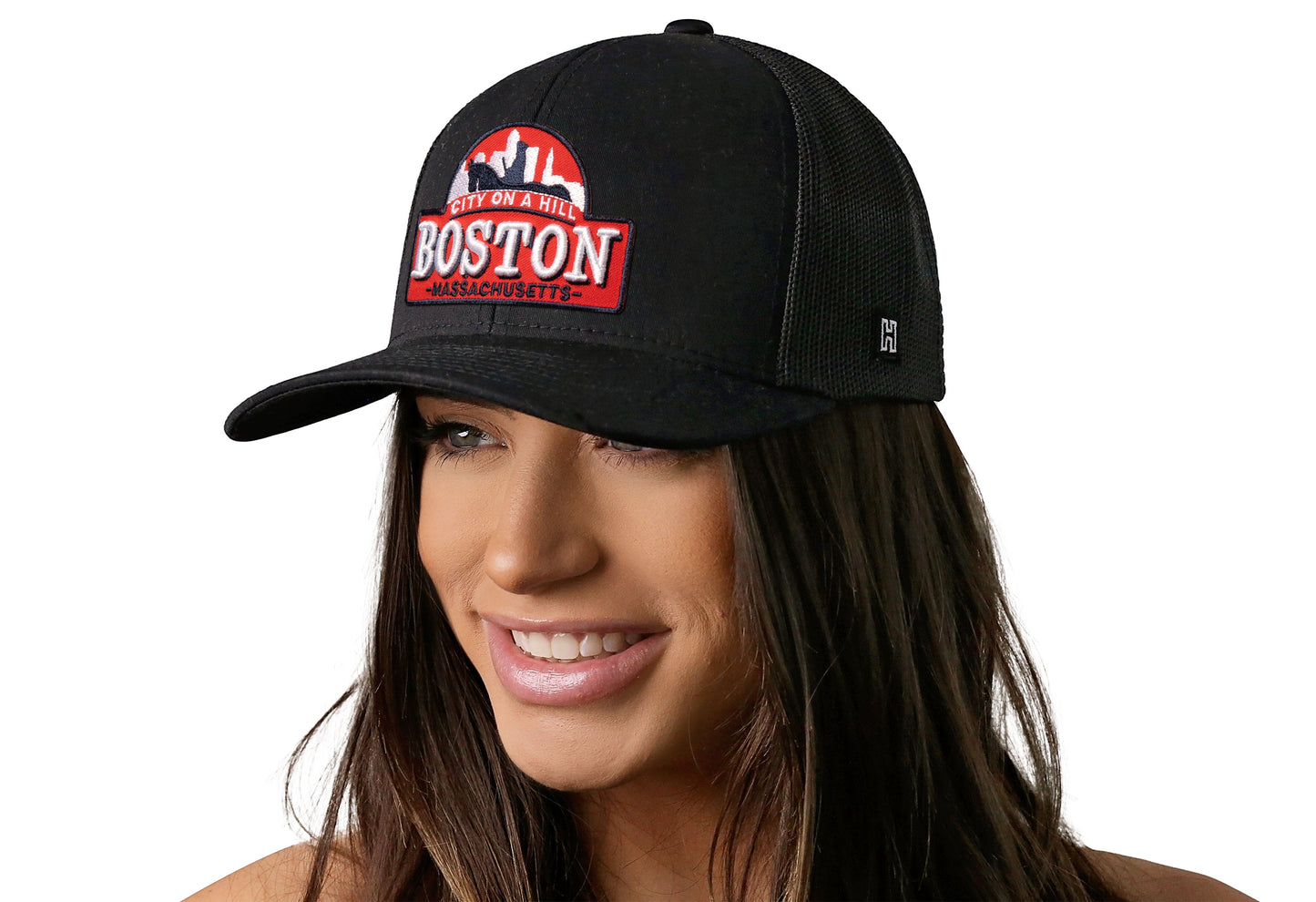 Boston City On A Hill Trucker Hat | Black Cityscape Snapback