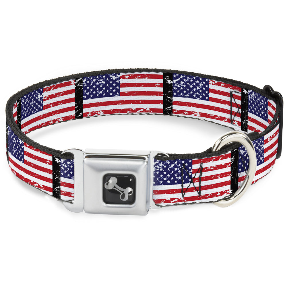 Dog Bone Seatbelt Buckle Collar - United States Flags Weathered/Black