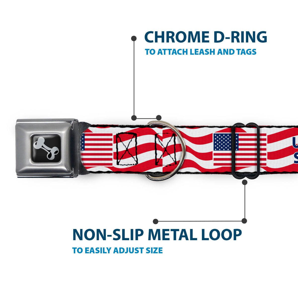 Dog Bone Black/Silver Seatbelt Buckle Collar - Global Soccer Cup Series United States Spirit Flag