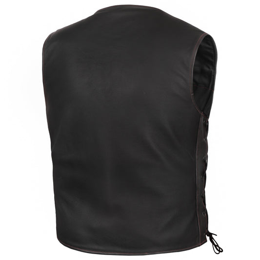 Men's Honor Ride Black Leather Motorcycle Vest with Red Stitching