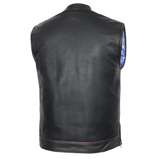 Mens's Leather Motorcycle Vest with Scoop Collar & USA Flag