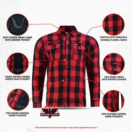 Alpha Check Men's Armored Motorcycle Flannel Shirt - Red/Black