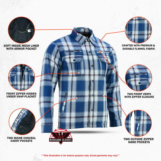 Alpha Check Men's Armored Motorcycle Flannel Shirt - Blue/White/Maroon
