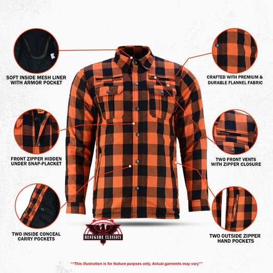 Alpha Check Men's Armored Motorcycle Flannel Shirt - Orange