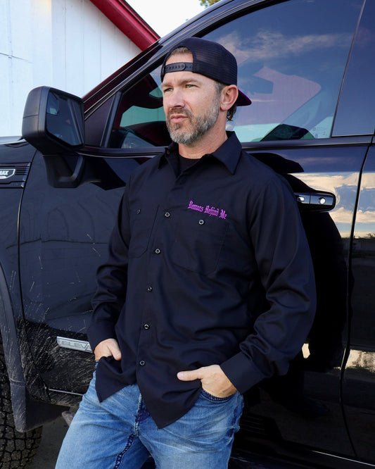Closeout - Men's Long Sleeve Black Embroidered Shop Shirt - Purple Logo