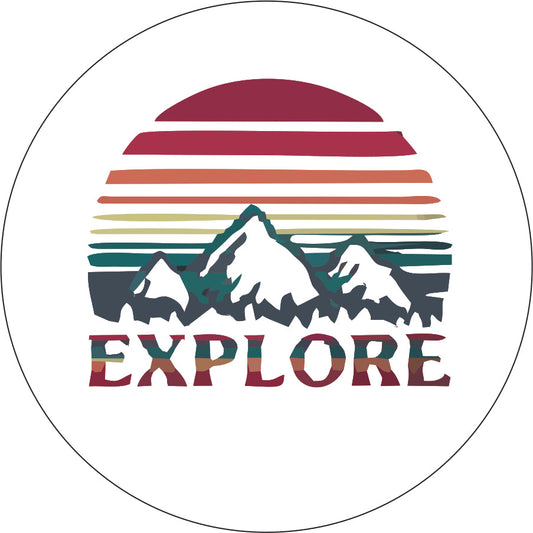 Explore Retro Design Mountains & Sun - Spare Tire Cover For RV, Camper, Jeep, Bronco, VW Bus, Van, & More