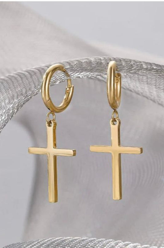 DAINTY 18K GOLD CROSS PENDANT EARRINGS