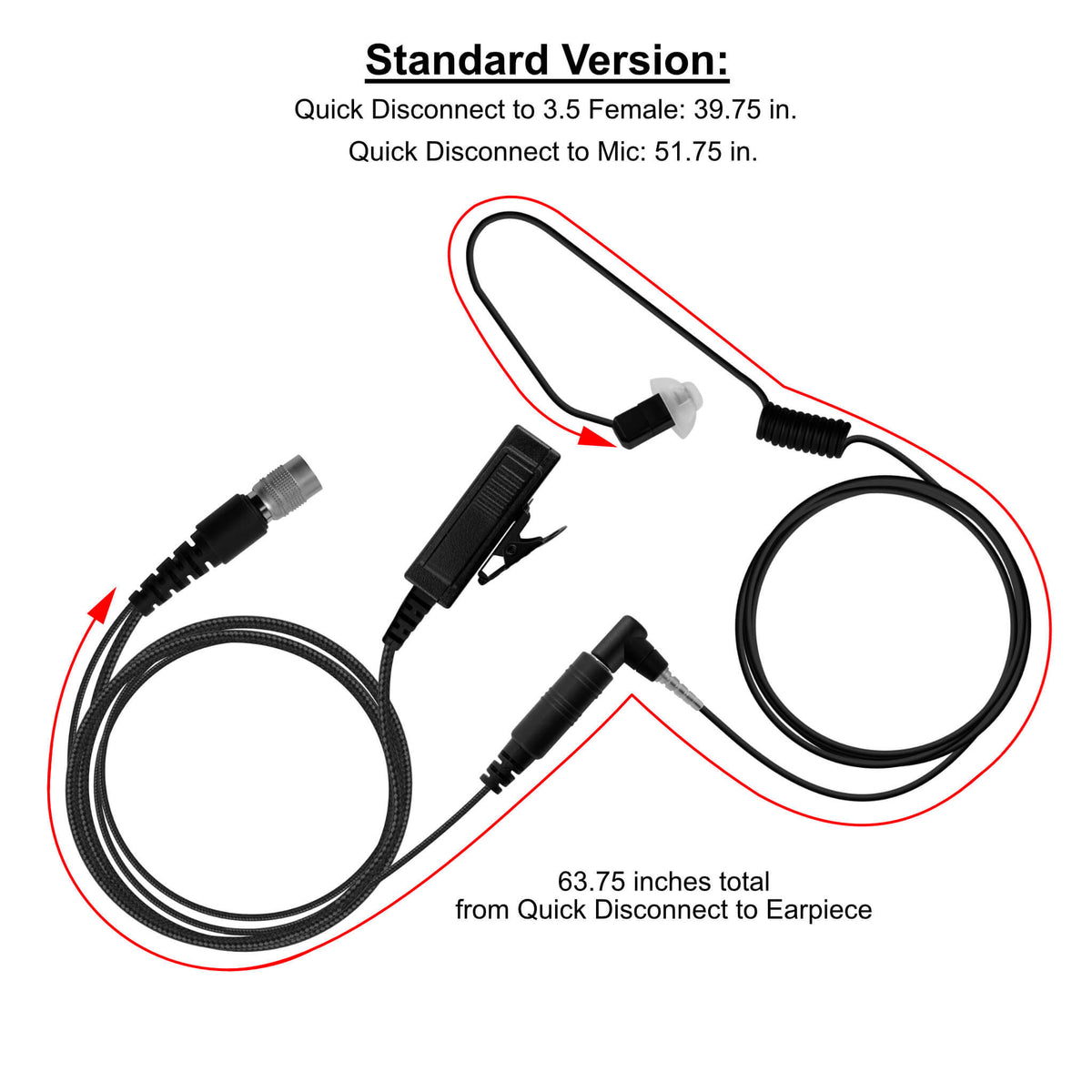 Braided Fiber Tactical Mic & Invisible Series Tubeless Earpiece Kit w/ Quick Disconnect (Hirose) Connector- Replacement/Upgrade Kit