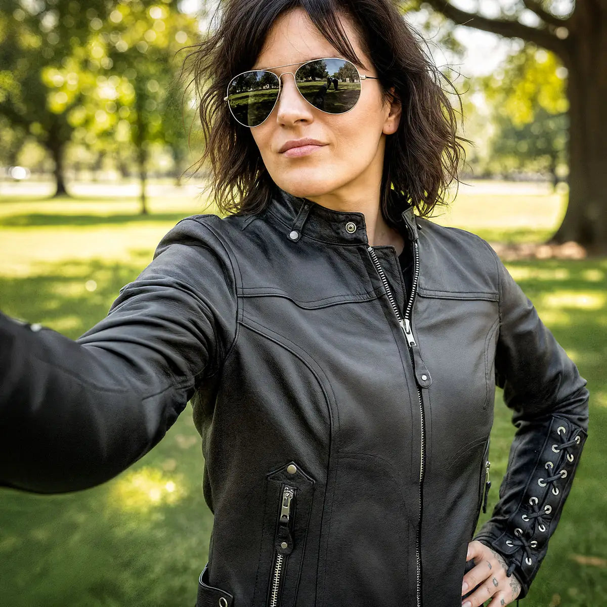 Hot Leathers JKL1025 Ladies Motorcycle style Lace Up Sleeves Leather Biker Jacket