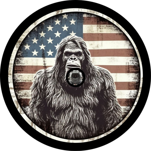 American Flag Bigfoot Portrait - Sasquatch Spare Tire Cover for Bronco, RV, Jeep, Camper, Van