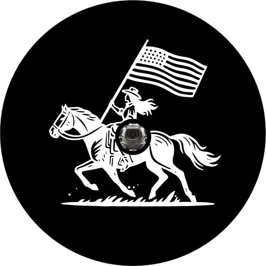 Cowgirl on a Bronco with American Flag Spare Tire Cover for Jeep, Bronco, RV, Camper, Trailer, & More