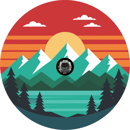 Red Sunset Delight with Mountain and a Lake Spare Tire Cover for Jeep, Bronco, RV, Camper, Trailer, & More