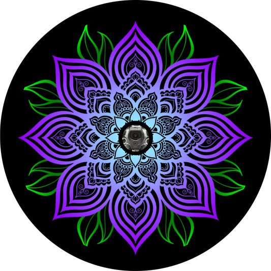 Purple Mandala Flower with Green Leaves Spare Tire Cover for any Vehicle, Make, Model and Size