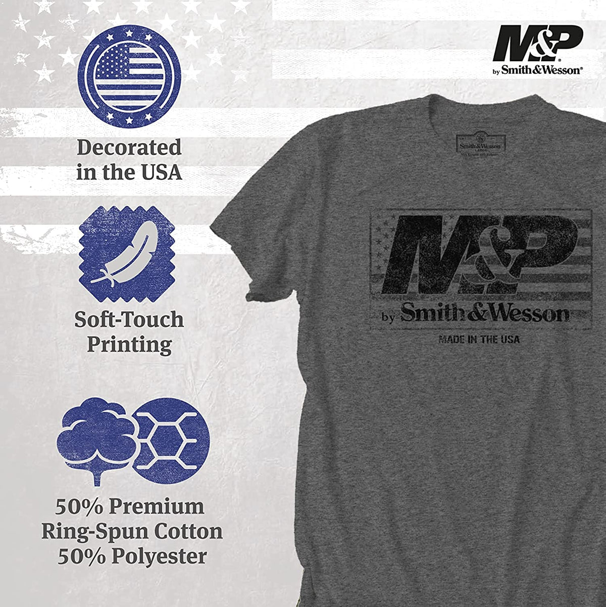 M&P® by Smith & Wesson® Distressed USA Flag Logo Premium Short Sleeve Tee in Smoke Heather