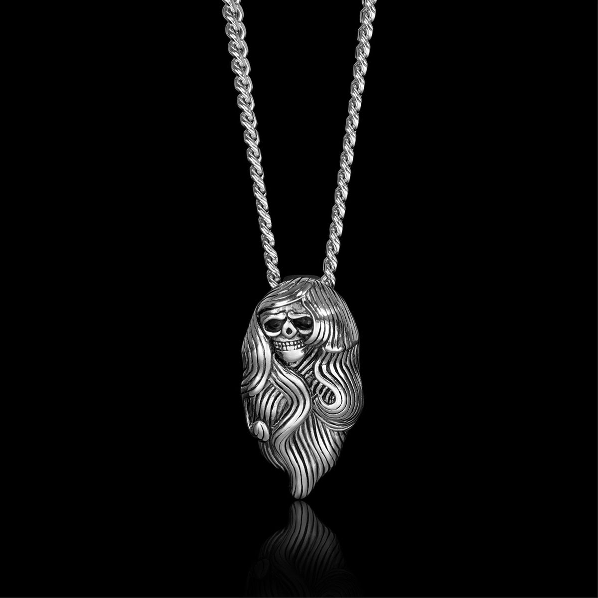 Stainless Steel Large Long Hair Skull Curb Chain Necklace