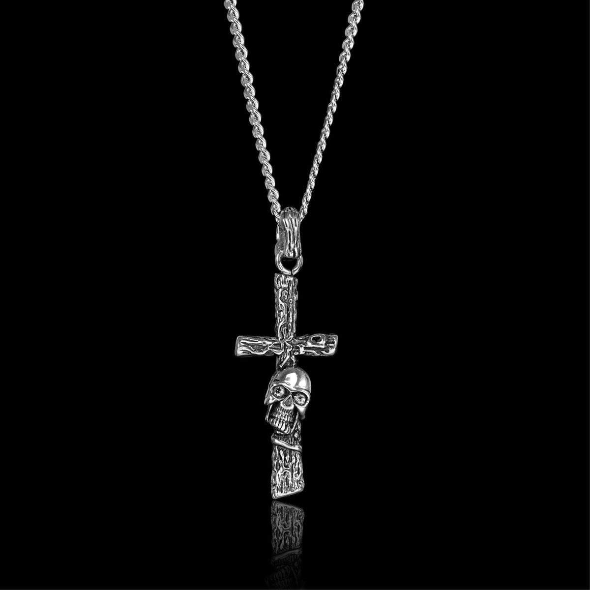 Stainless Steel Wood Texture Skull Cross Curb Chain Necklace