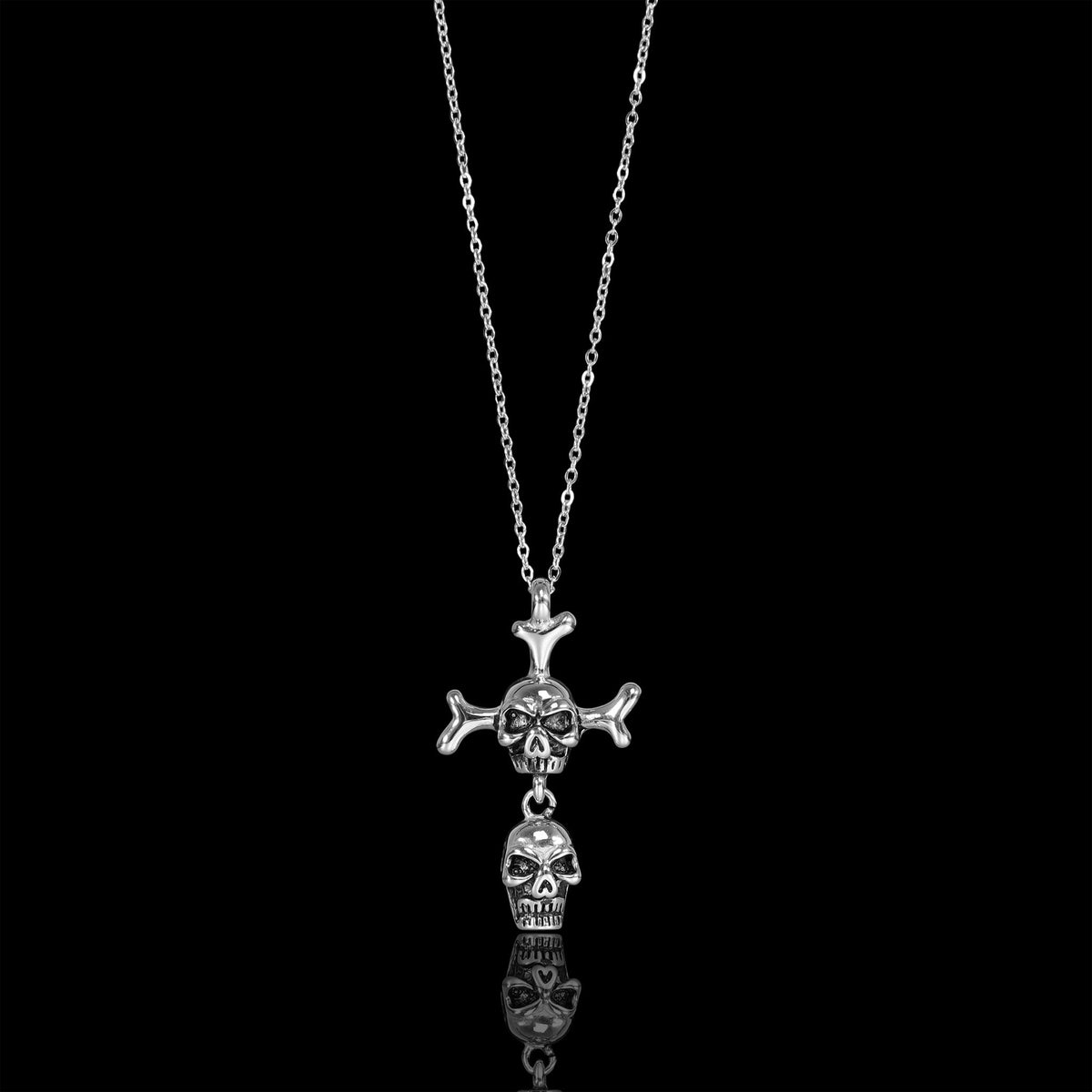 Stainless Steel Double Skull And Bones Figaro Chain Necklace
