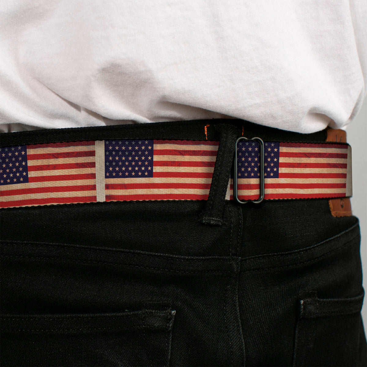 BD Wings Logo CLOSE-UP Full Color Black Silver Seatbelt Belt - American Flag Weathered Color Repeat Webbing