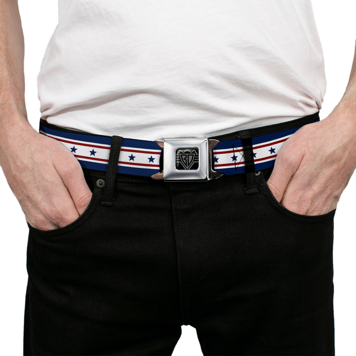 BD Wings Logo CLOSE-UP Full Color Black Silver Seatbelt Belt - Americana Stars & Stripes 6 Blue/White/Red Webbing