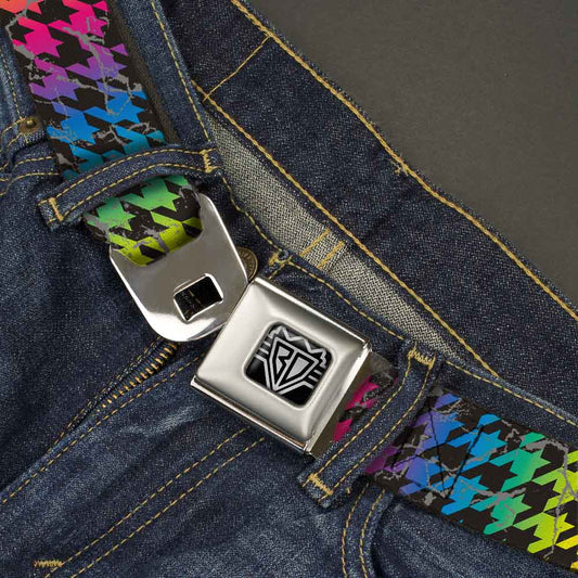 BD Wings Logo CLOSE-UP Full Color Black Silver Seatbelt Belt - Houndstooth Black/Rainbow Webbing