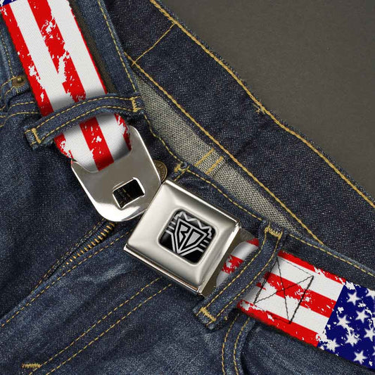 BD Wings Logo CLOSE-UP Full Color Black Silver Seatbelt Belt - United States Flags CLOSE-UP Weathered Webbing