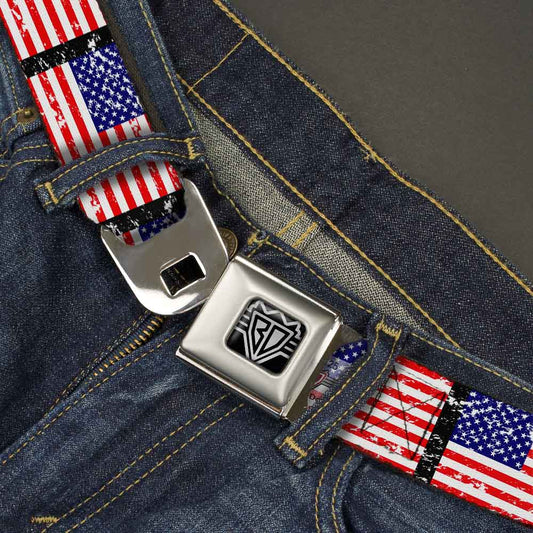 BD Wings Logo CLOSE-UP Full Color Black Silver Seatbelt Belt - United States Flags Weathered/Black Webbing