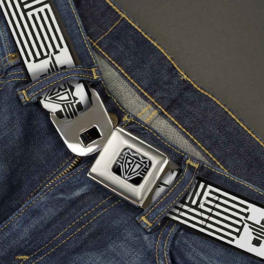 BD Wings Logo CLOSE-UP Full Color Black Silver Seatbelt Belt - BD Logo/American Stripe Flag White/Black Webbing