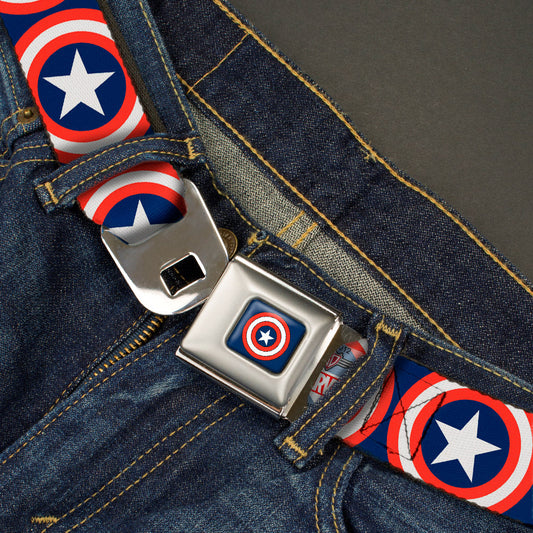 Captain America Shield Full Color Navy Seatbelt Belt - Captain America Shield Repeat Navy Webbing