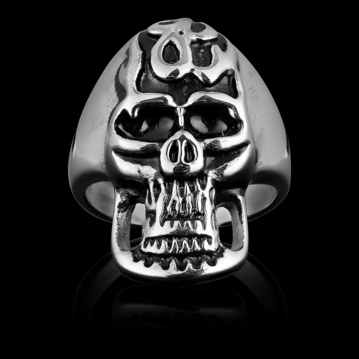 Stainless Steel Polished Flaming Skull Ring