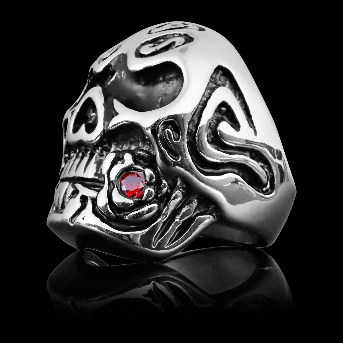 Stainless Steel Large Filigree Skull Biting Red CZ Rose Ring