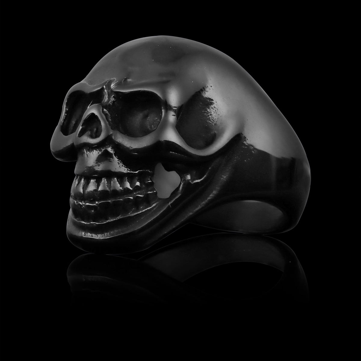 Stainless Steel Black Grinning Skull Unisex Ring