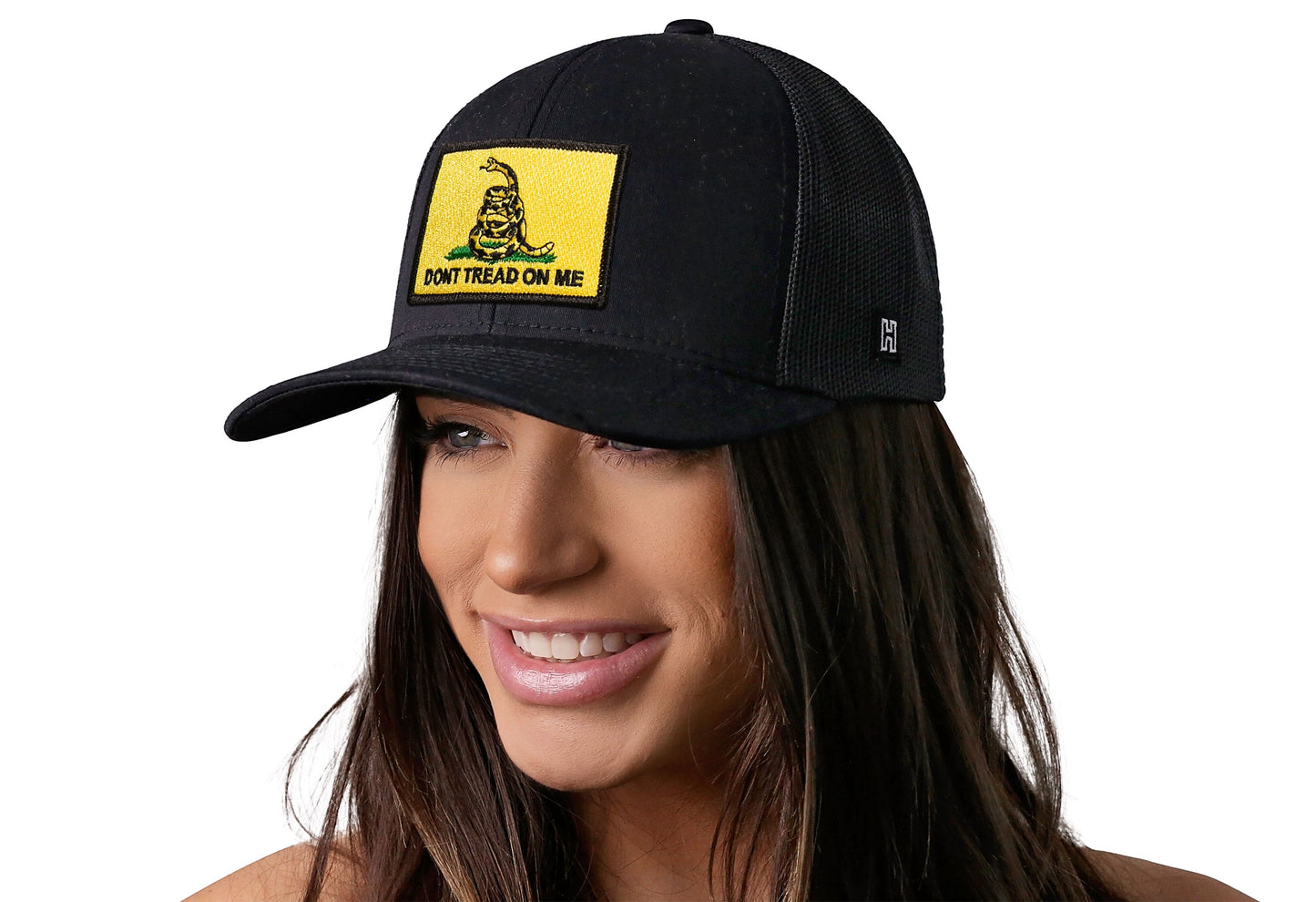Dont Tread On Me Trucker Hat | Black Gadsden Flag Yellow Snapback